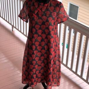 Asian inspired poppy print silk and linen dress